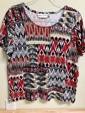 Rebecca Malone Red Black Tan Patchwork Scoop Neck Short Sleeve Top